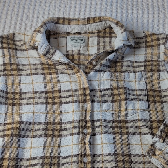 American Eagle Outfitters White and Brown Plaid Button Down Shirt Flannel Cotton - Picture 10 of 11